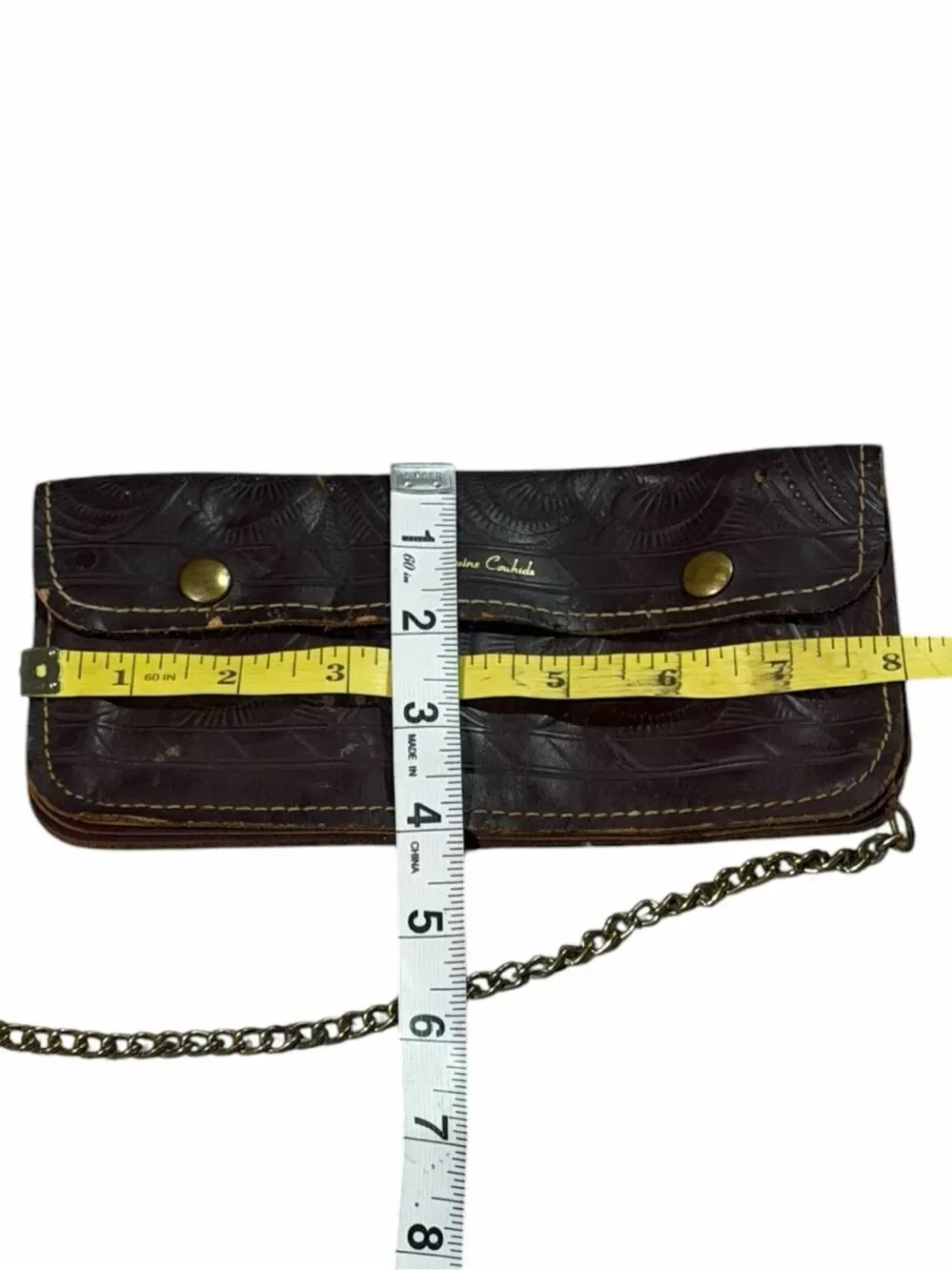 VINTAGE Brown Genuine Cowhide Tooled Leather Wallet With Chain